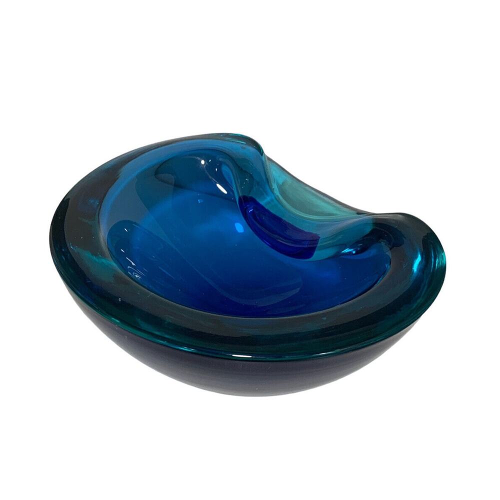 Art Glass Bowl w/Rolled Folded Edge Cobalt Blue and Turquoise Heavy Thick Glass